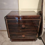 Striped Natural Wood Veneer Nightstand with Burl Top & Rose Gold Accents